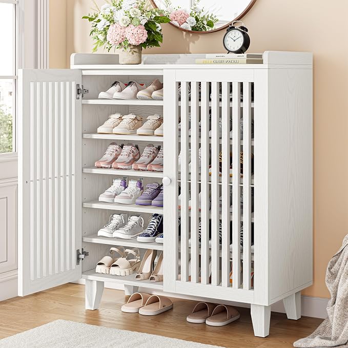 IRONCK Shoe Cabinet with Slatted Doors, 6-Tier Shoe Storage Cabinet with Adjustable Shelves, Wooden Shoe Rack Organizer for Entryway, Hallway, Closet, Living Room, White by IRONCK