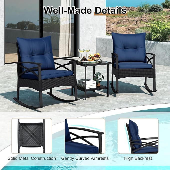 Tangkula 3 Pieces Outdoor Rocking Chairs Set, Rattan Heavy Duty Cushioned Rocker Chairs with 2-Tier Tempered Glass Coffee Table, for Garden, Balcony, Backyard (Black+Navy) - Image 9