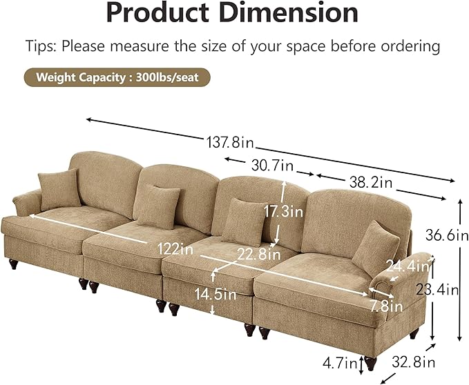 KEIKI Mid Century Modular Sofa with Flared Arms and Skirted Design, 137“ Oversized 4-Seater Luxury Chenille Sectional Couches for Living Room, Big Soft Couch Bedroom Furniture, Light Coffee