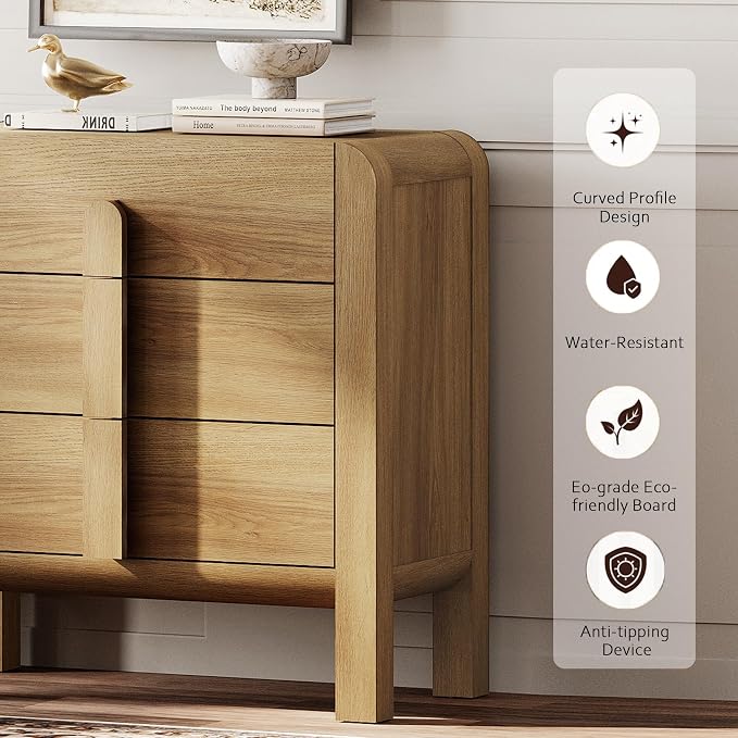 WAMPAT Nightstands Set of 2, Large Nightstands with 3 Drawers, Modern 31.5" Tall Wooden End Tables with Storage, Walnut Nightstands Bedside Tables with Curved Design for Bedroom - Image 6