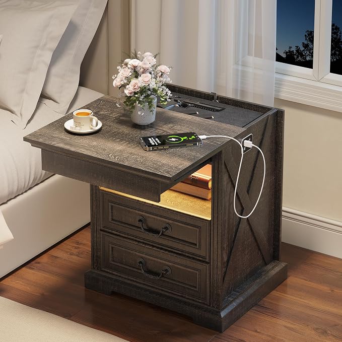 Dystler Night Stand with Gun Drawer, Bedside Table with LED Light & Human Sensor, Nightstand Gun Safe with 2 Drawers for Bedroom, Farmhouse End Table with Charger Station, Rustic Brown by CraftYourIdealHomeLife
