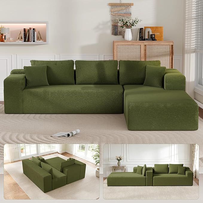 Cloud Sectional Couch, 105” Fluffy Modular L-Shape Sofa with Left Chaise Lounge, Modular Sectional Sofa in a Box, Boneless Couch for Living Room, No Assembly Required, Wool Green