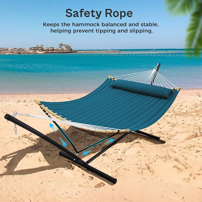 SUPERJARE Curved-Bar Hammock with Stand, 2 Person Heavy Duty Hammock Frame, Detachable Pillow & Portable Carrying Bag, Perfect for Outdoor & Indoor, Peacock Blue - Image 5
