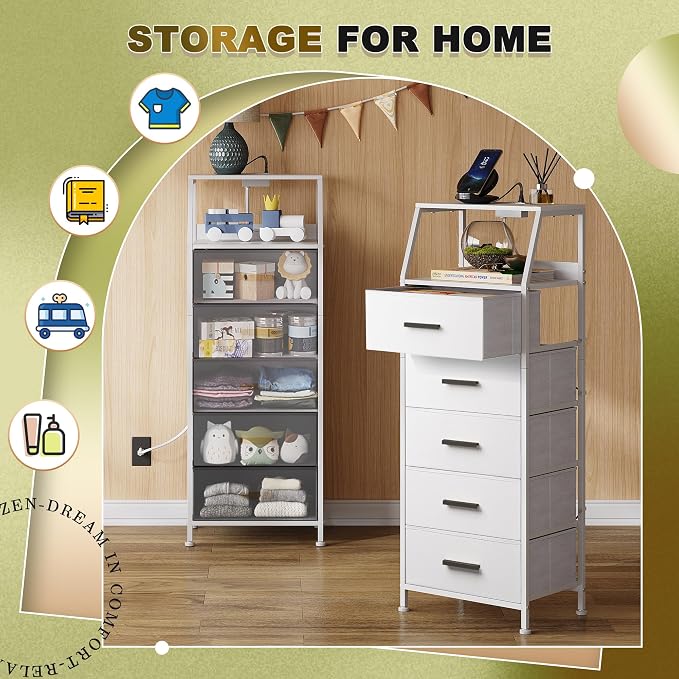 Nightstand 5 Drawer Dresser with Charging Station, Side Table with Fabric Drawers, End Table with Open Shelf, Tall Dresser for Bedroom, Hallway, Entryway - Image 4