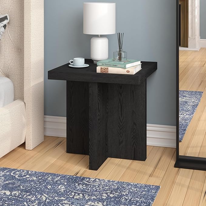 Henn&Hart 22" Scandinavian Square End Table, Side Table, Nightstand with X-Base for Living Room, Office, Family Room, or Bedroom, Black Grain