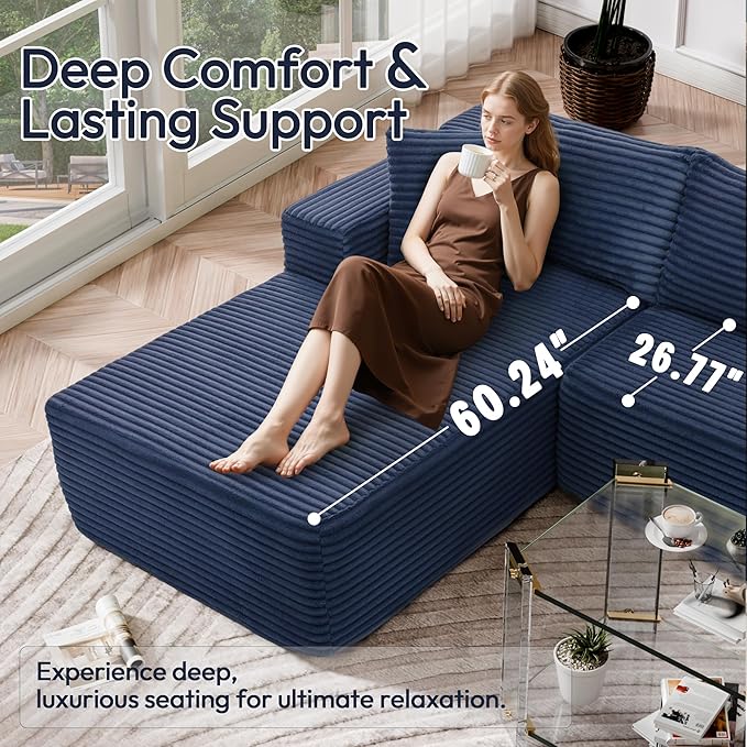 Cloud Sectional Couch, 105" Modular Sectional Sofa with Right Chaise Lounge, Modern Modular L-Shape Sofa with Pillows & Deep Seat, Boneless Couches for Living Room Bedroom, Dark Blue