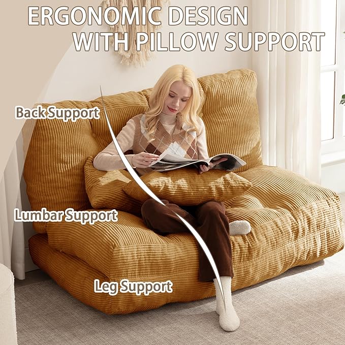 Folding Sofa Bed, Convertible Sleeper Chair with Pillow Foldable Mattress with Back Support, Portable Fold Out Chair Bed Comfy Floor Sofa Lounge for Living Room Bedroom, Yellow Full 80x54 Inch