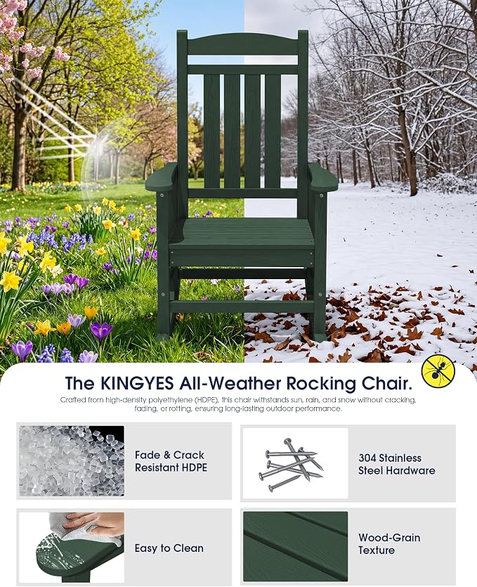 KINGYES Oversized HDPE Outdoor Rocking Chair, All-Weather Patio Rocking Chair, Weather Resistant Porch Rocker for Adults, Dark Green - Image 4