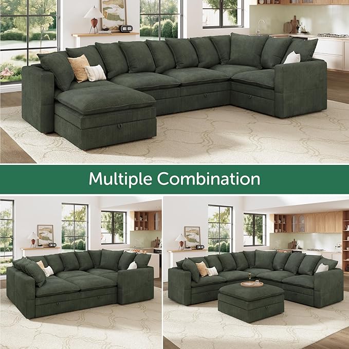 HONBAY Modular Sectional Sofa, 6 Seaters Corduroy Sectional Couchwith Ottoman, L Shaped Sofa with Storage & Pillows, Green