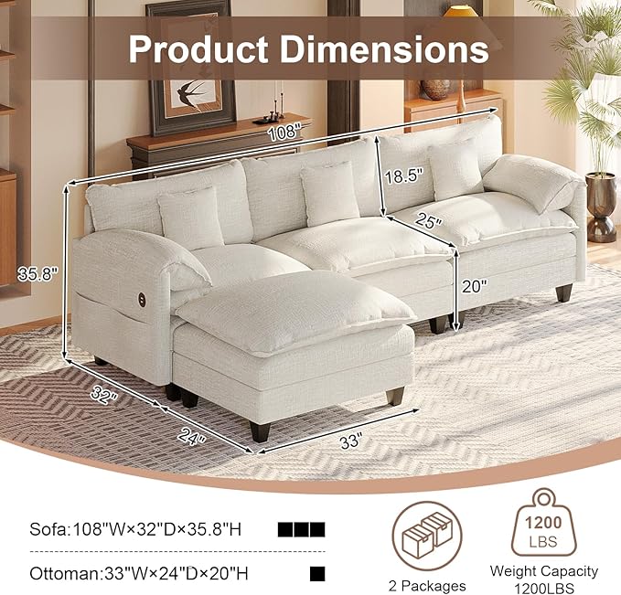 Modular Sectional Sofa, 108” Comfy Cloud Couch with Movable Ottoman | Charging Station | Side Pocket | Throw Pillow, Modern L-Shaped Couches for Living Room, Chenille, White