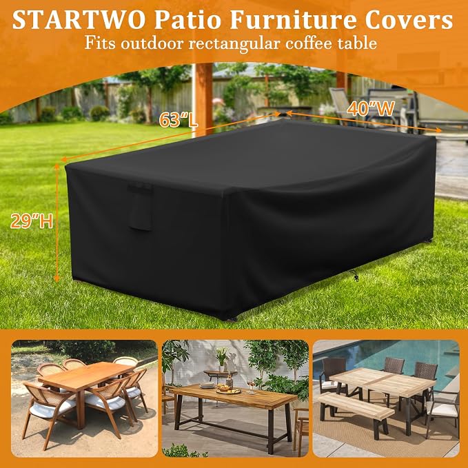 STARTWO Outdoor Dining Table Cover,60 Inch Small Rectangle Outside Patio Furniture Cover Waterproof-Black - Image 2