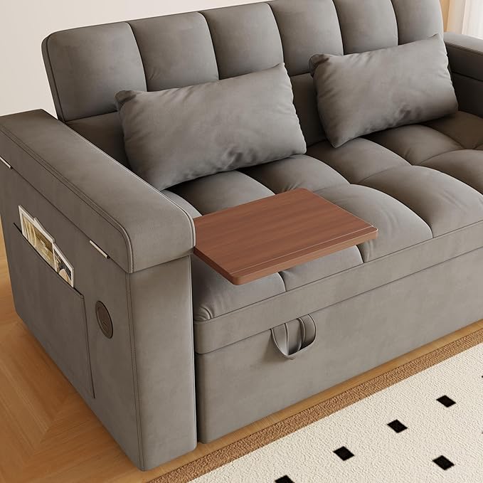 Convertible Sofa Bed, 5-in-1 Pull Out Couch with Side Table, Loveseat Sleeper Sofas Bed Couch with USB Port, 65‘’ Velvet Pull Out Sofa Beds for Living Room, Bedroom, Apartment