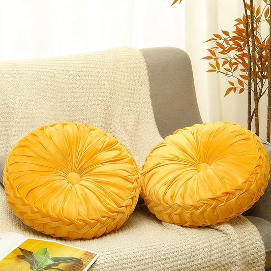 Beeveer 2 Pcs Round Throw Pillows 15 Inch Decorative Velvet Pleated Pumpkin Pillows Boho Floor Pillow with Center Button for Living Room Couch Chair Bed Sofa Home Decoration (Yellow)
