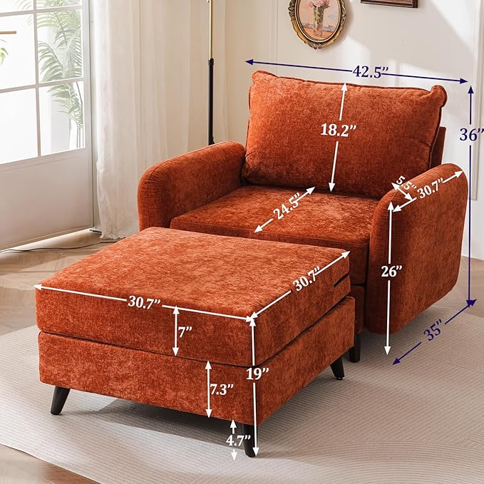 Rexulqo Oversized Accent Chair with Ottoman,All Seats Storage,Comfy Armchair,24.5'' Deep Seat,Upholstered Living Room Chairs,Reading Chair,Lounge Chair for Bedroom,Office,Chenille,Orange