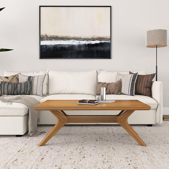 Plank+Beam Cross Leg Rectangular Coffee Table, 48 Inch Wood Coffee Table for Living Room, Modern Center Table, Cocktail Table, Pecan
