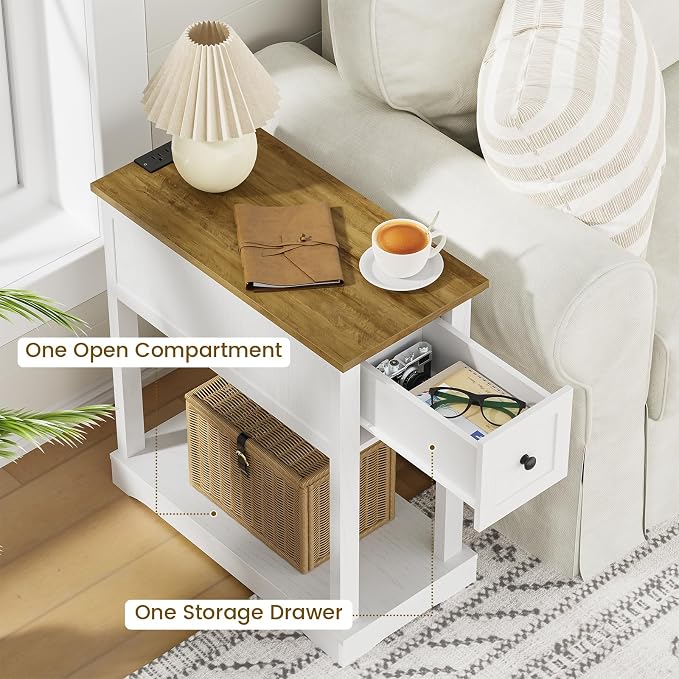 Farmhouse Nightstand with Charging Station, Side Table with Storage, Thicken Base, for Bedroom, Rustic Brown and White - Image 5