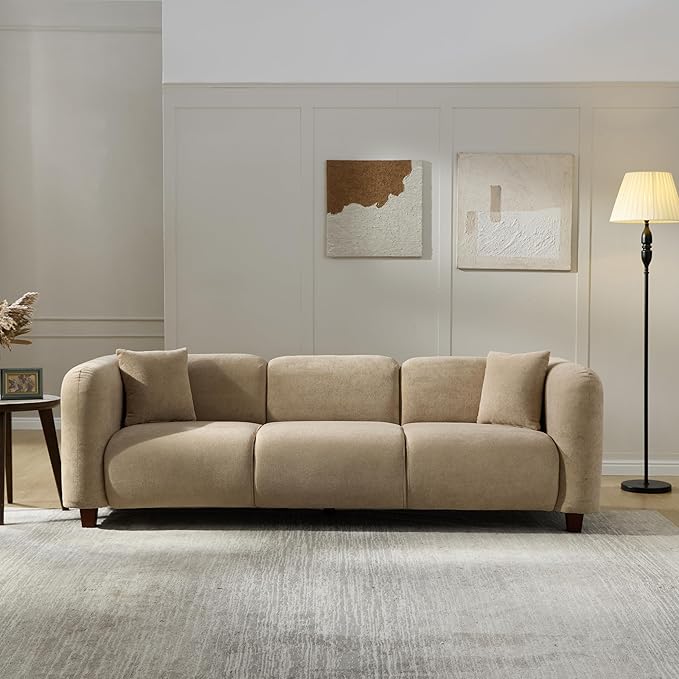 Christopher Knight Home Ahrai 3-Seater Sofa Couch with 2 Pillows, 87" Wide Oversized Sofa for Living Room, Modern Wood Frame Lounge Couch, Comfy Spacious Fabric Upholstered Home Seating, Camel