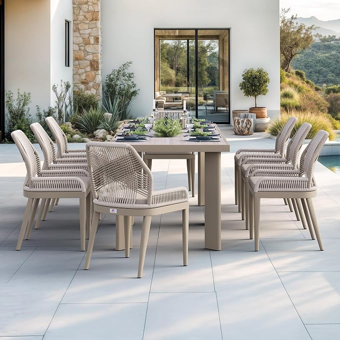 PURPLE LEAF 9 Pieces Patio Dining Set Aluminum Modern Rectangular Table and Wicker Chairs with Cushions for Kitchen Porch Garden Outdoor Furniture Sets, Champagne - Image 2