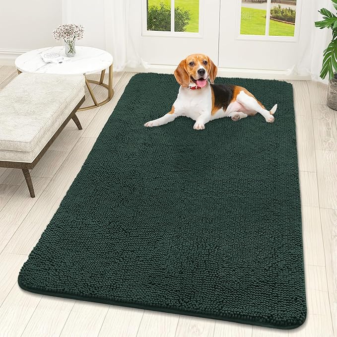 OLANLY Dog Door Mat for Muddy Paws 59x32, Absorbs Moisture and Dirt, Absorbent Non-Slip Washable Doormat, Quick Dry Chenille Mud Mat, Entry Indoor Entryway Carpet for Inside Floor, Blackish Green by OLANLY
