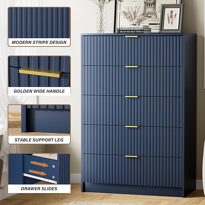 Furniway Navy Blue Dresser Bedroom Set 3 Pieces, Nightstands Sets of 2, 5 Drawer Dresser with Gold Handles for Bedroom
