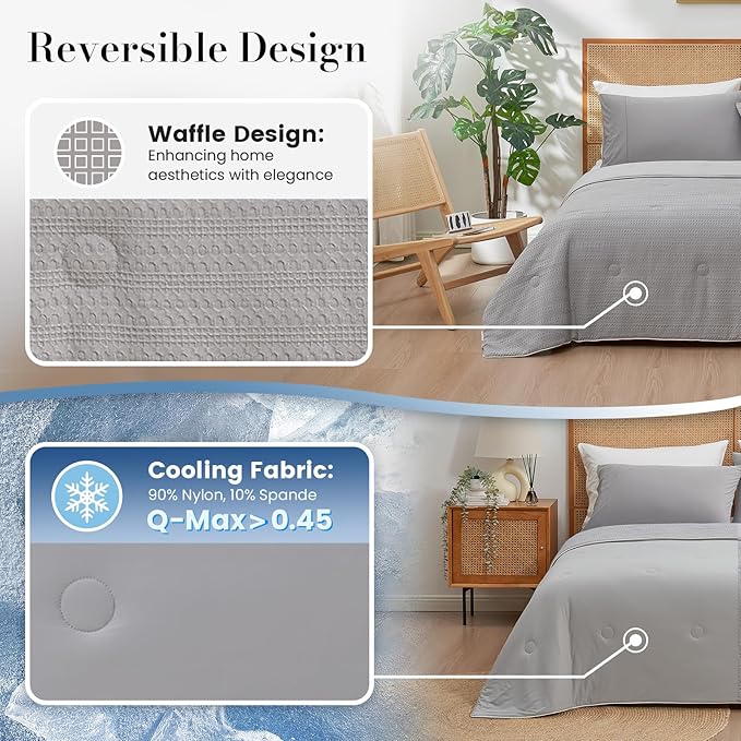 Amélie Home Waffle Cooling Comforter Twin Size, Q-Max 0.45 Reversible Lightweight Cooling Blanket for Hot Sleepers, Breathable Bedding for Night Sweats, 68"x90", Cool Gray