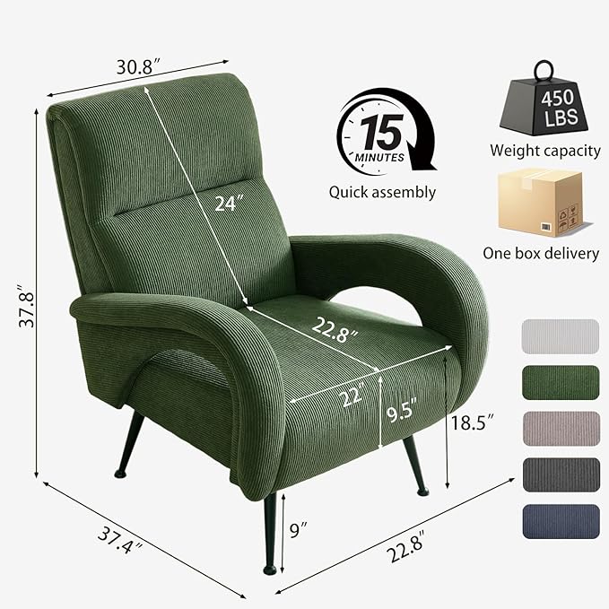 Corduroy Living Room Accent Chairs, High Back Reading Chairs for Bedroom, Modern Comfy Upholstered Armchairs for Bedroom, Reading Nook, Apartment, Forest Green