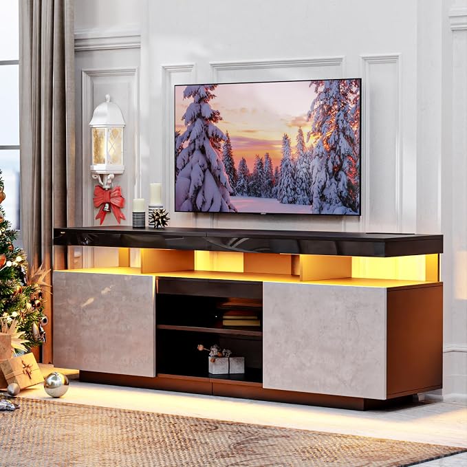 HOMMPA LED TV Stand for 75 Inch TV, Modern Tall Entertainment Center with Power Outlet, Gaming TV Consoles with Storage, High Gloss LED Lights Game Cabinet for Living Room, Grey& Black - Image 3