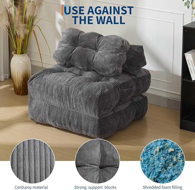 Folding Sofa Bed, Convertible Sleeper Chair with Pillow Foldable Matress with Back Support, Portable Fold Out Chair Bed Comfy Floor Sofa Lounge for Living Room Bedroom, Gray, Single