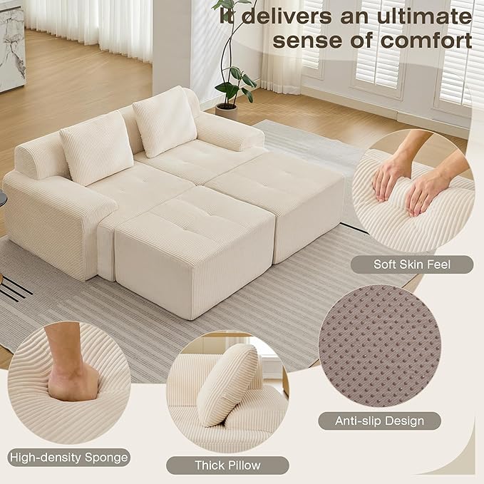Boneless Couches for Living Room, Corduroy Couch, Modular Sectional Sofa, Big Comfy Couch, Modular Cloud Sofa with Deep Seat, Sofa Bed (White, 4 Pieces-Bedshape)