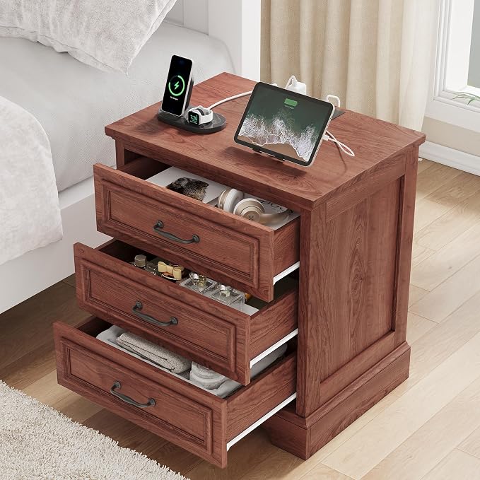 Farmhouse Nightstand Set of 2, Wood Night Stand with 3 Drawers and Charging Station Modern Bedside Table for Bedroom End Side Table Storage Cabinet Small 6 Drawers Dresser (2, Cherry Brown) - Image 2