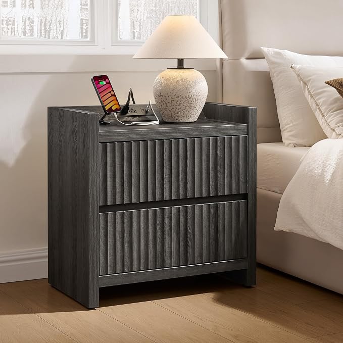 SICOTAS Night Stand Set of 2-Fluted Nightstands with Charger Station-Large Nightstand Bedside Table End Table with 2 Drawers, 25" Wide Mid Century Modern Night Stands for Bedroom-Black Oak - Image 4