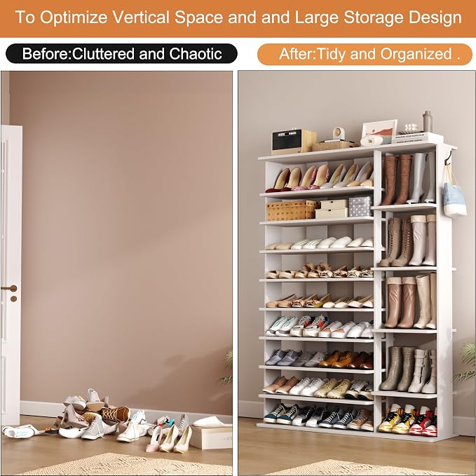 HOMEFORT 10 Tiers Shoe Rack, 50 Pairs Large Shoe Shelf, 61.8" Tall Shoe Tower, Freestanding Shoe Rack Organizer with Open Shelves, Wood Shoe Stand for Boot Storage, for Closet, Entryway, White - Image 8