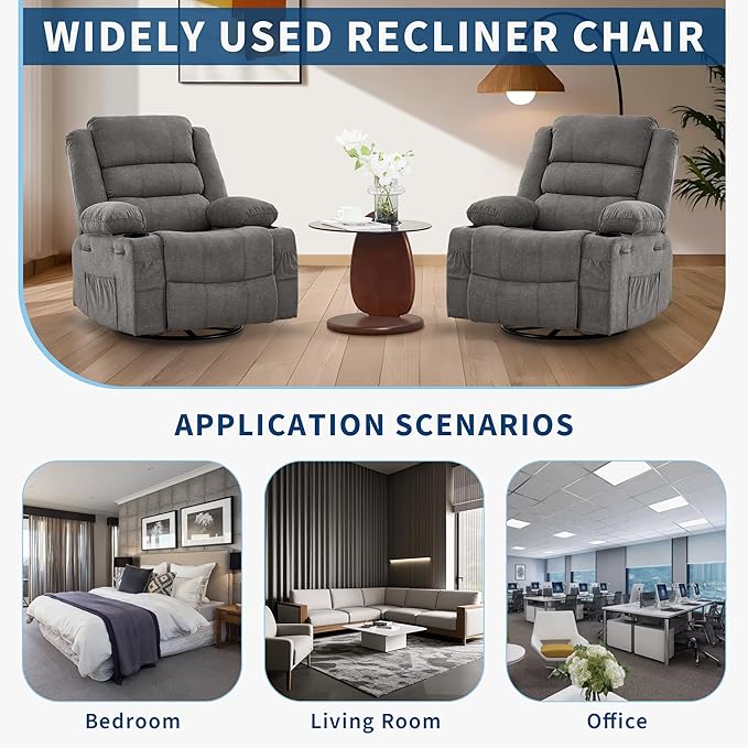 Rocking Recliner Chair for Adults Wide 360° Swivel Rocker Recliner with Cup Holder Nursery Glider with Upholstered Deep Seat Linen Lazy boy Chair for Living Room Grey