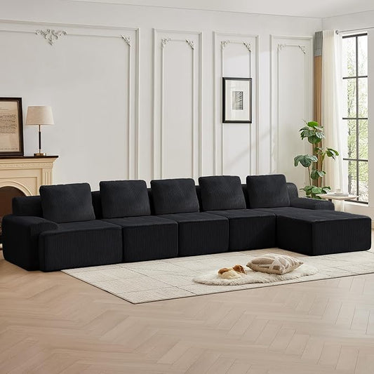 158.2'' Modular Sectional Sofa with Movable Ottoman, 5 Seat Deep Seat Couch with 5 Pillows, Comfy Cloud Sectional Sofa for Living Room, Bedroom (Black, 1 Left+1 Right+3 Middle+1 Ottoman)