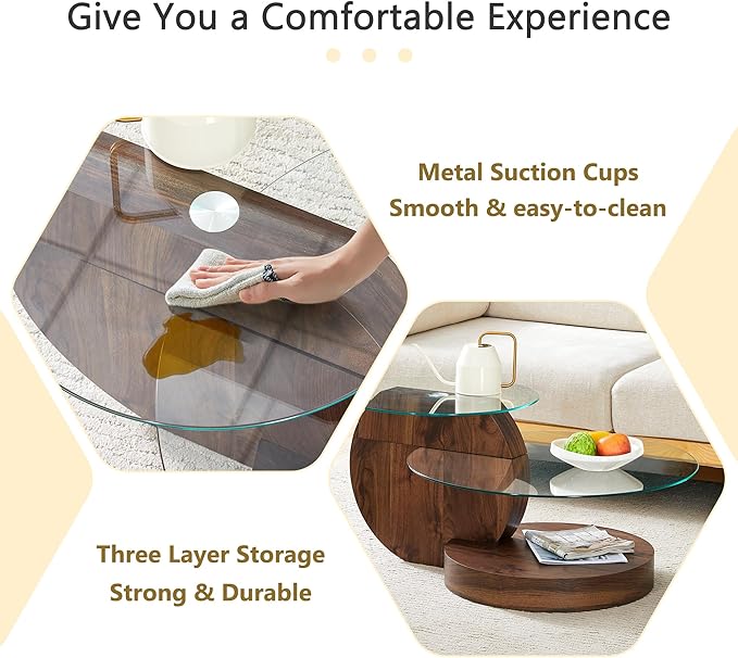 35.4" Glass Coffee Table, Round Coffee Table, 2-Tier Tempered Glass Tabletop with Walnut Base, Modern Center Table for Living Room, Home, Apartment, Ideal for Small Space