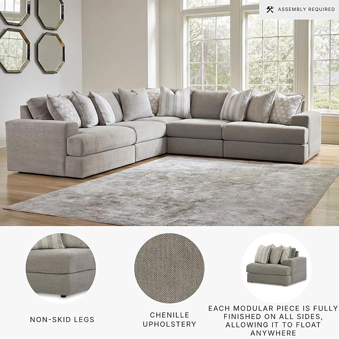 Signature Design by Ashley Casual Avaliyah L-Shape Symmetrical 5-Piece Sectional with Reversible Cushion and Armrest, Gray