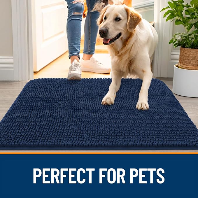 OLANLY Dog Door Mat for Muddy Paws 30x17, Absorbs Moisture and Dirt, Absorbent Non-Slip Washable Doormat, Quick Dry Chenille Mud Mat for Dogs, Entry Indoor Entryway Carpet for Inside Floor, Dark Blue - Image 6