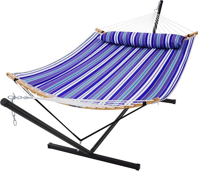 SUPERJARE Curved-Bar Hammock with Stand, 2 Person Heavy Duty Hammock Frame, Detachable Pillow & Portable Carrying Bag, Perfect for Outdoor & Indoor, Deep Ocean Fine Stripe by SUPERJARE