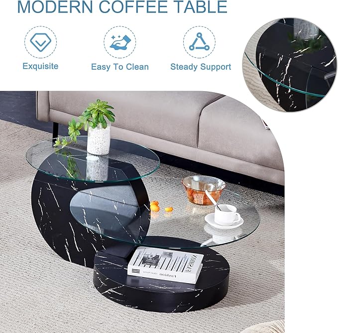 35.4" Glass Coffee Table, Round Coffee Table, 2-Tier Tempered Glass Tabletop with Black Faux Marble Base, Modern Center Table for Living Room, Home, Apartment, Ideal for Small Space
