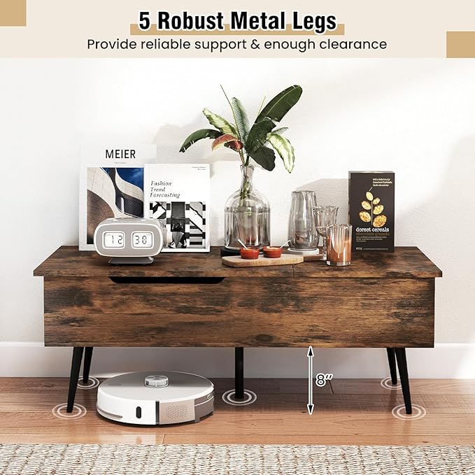 Tangkula Lift Top Coffee Table, Mid Century Modern Center Table with Split Top & 2 Hidden Compartments, Rectangle Accent Table with Tapered Metal Legs for Living Room (Rustic Brown)
