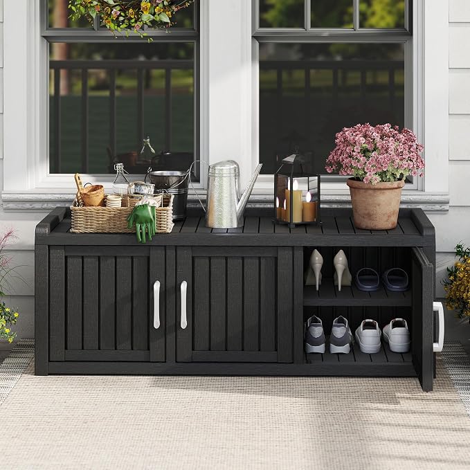 NUNU LAB Shoe Storage Cabinet, Waterproof Shoe Organizer with Adjustable Shelves, UV-Resistant Entryway Shoe Cabinet Bench with 3 Barn Doors for Indoor Outdoor, Foyer, Hallway, Living Room,Black - Image 2