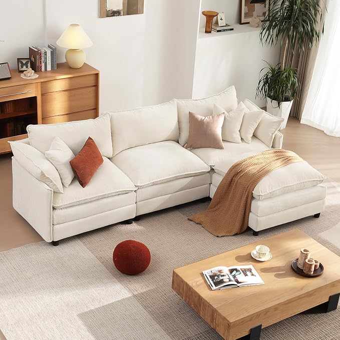 Vesgantti 108" Modular Sectional Sofa, Comfy Cloud Couch with Movable Ottoman Deep Seat Chenille L Shaped Modular Sofa, Sectional Couches for Living Room, Bedroom and Apartment, Beige White