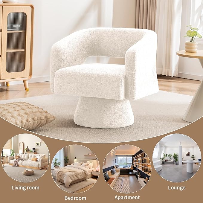 ClinQ Swivel Barrel Accent Chair, Oversized Teddy Upholstered Round Swivel Chairs Set of 1, Modern Luxury 360° Living Room Vanity Chair for Bedroom Office&Living Room, White