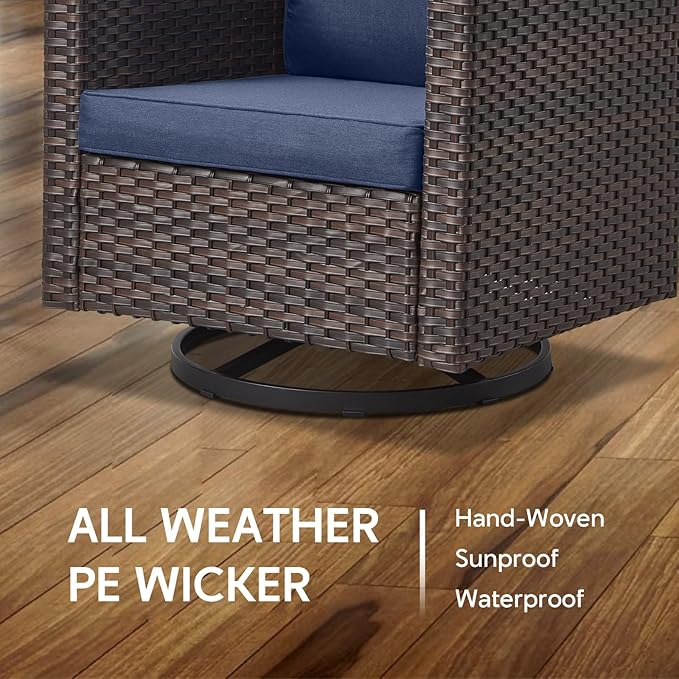5 Piece Wicker Patio Furniture Set - Outdoor Swivel Rocker Chairs Set with 3 Seat Sofa and Ottomans, Small Patio Conversation Sets Proch Furniture for Balcony Deck - Brown/Blue