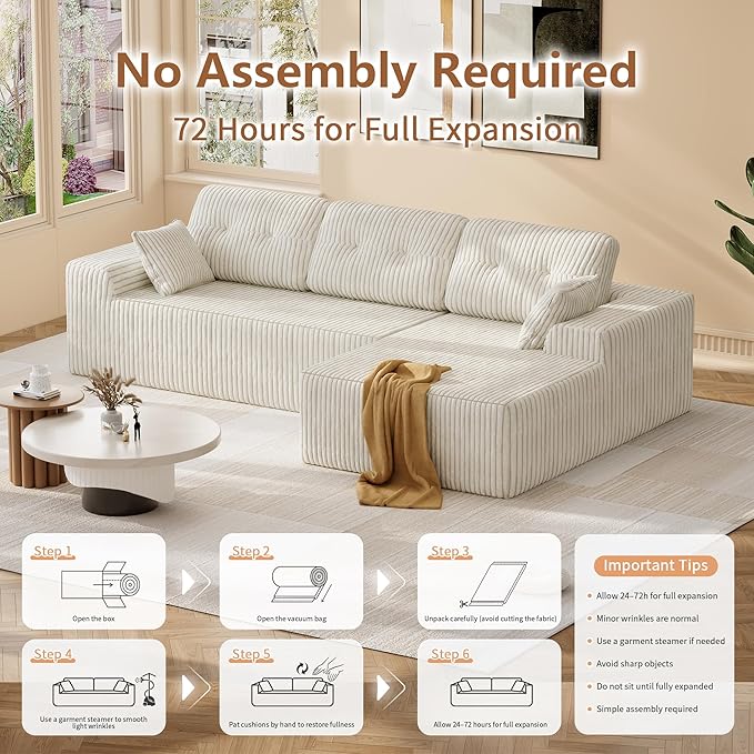 Ball & Cast 106" Modular Sectional Sofa,Cloud Corduroy Couch with Deep Seat,Boneless L-Shaped Sectional,Modern Comfort Upholstered Sofa for Living Room,No Assembly Required (Beige,Right Facing Chaise)