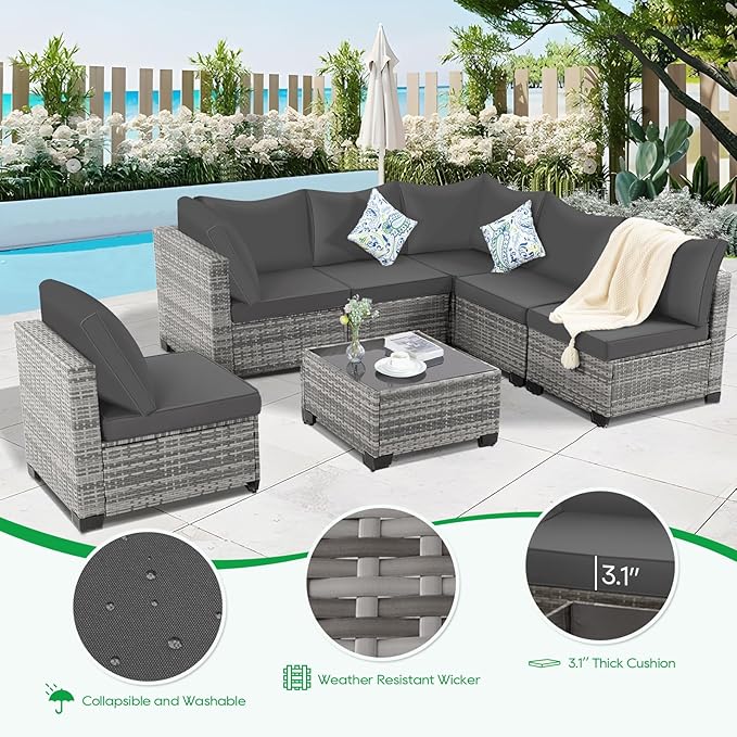 Patio Outdoor Furniture Set 7 Pieces Rattan Wicker Sectional Sofa Couch Conversation Set with Table for Deck Lawn, Gray Wicker/Gray Cushion