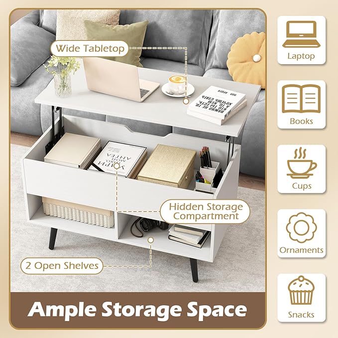 Giantex Lift Top Coffee Table, Modern Cocktail Table w/Hidden Compartment & 2 Open Shelves, Flip Top Center Table, Wooden Pull up Coffee Table for Living Room, Reception Room, Office (White)