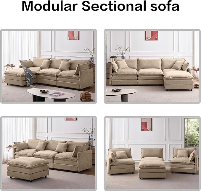 105" Oversized Modular Cloud Sectional Sofa Free Convertible L-Shaped Corner Sectional with Movable Ottoman, Chenille Upholstered Multiple Cushions Cloud Sofa Couches | Easy to Assemble