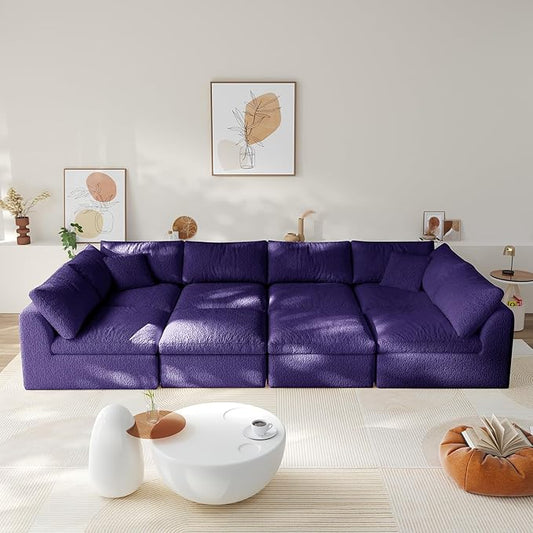 Modular Sectional Sofa Boneless Cloud Couch for Living Room, U Shape Deep Seat Recliner Sofa with Ottoman, Adjustable Backrest & 2 Throw Pillows - Covers Washable, (Purple, 6 Seater+2 Ottoman)