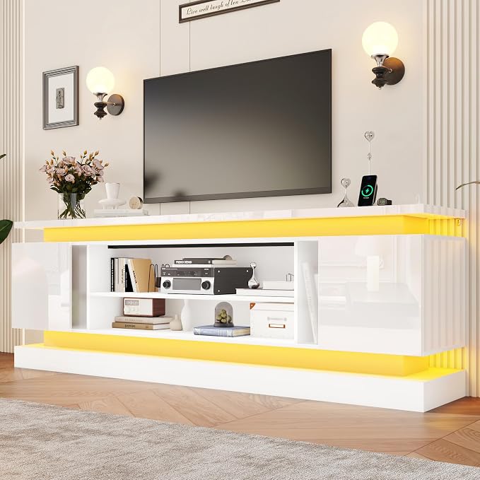 chartustriable 81IN LED TV Stands w/Power Outlet for 90/80/75 Inch TVs,High Glossy Modern Tall Entertainment Center TV Media Console Gaming with 2 Storage Cabinets,Dual LED Lights,White - Image 3